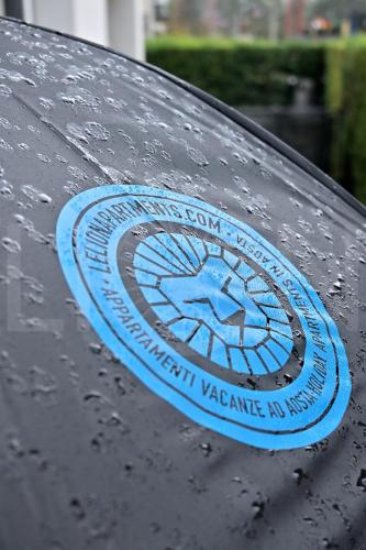 a blue sticker on the hood of a car in the rain at Le Lion Apartments - Bike & Ski in Aosta