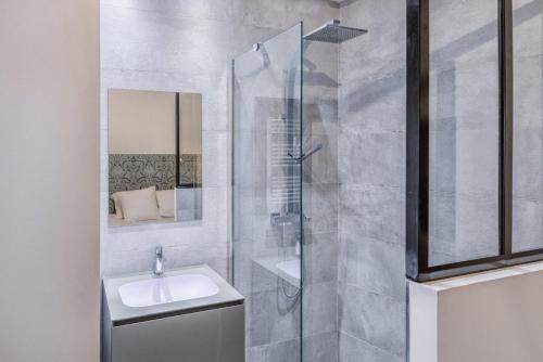 une salle de bain avec un lavabo et une douche en verre dans l'établissement Plaisir du Vieux Lyon AIL, à Lyon