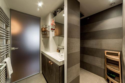 une salle de bain avec un lavabo et un miroir dans l'établissement Bel appartement du Vieux Lyon - parking inclus AIL, à Lyon