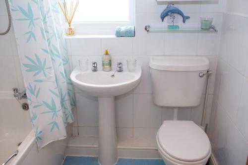 ein weißes Badezimmer mit Toilette und Waschbecken in der Unterkunft Tryweryn Cottage Saundersfoot in Saundersfoot