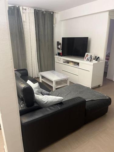 ein Wohnzimmer mit einem schwarzen Sofa und einem TV in der Unterkunft Appartement proche Disney in Noisiel