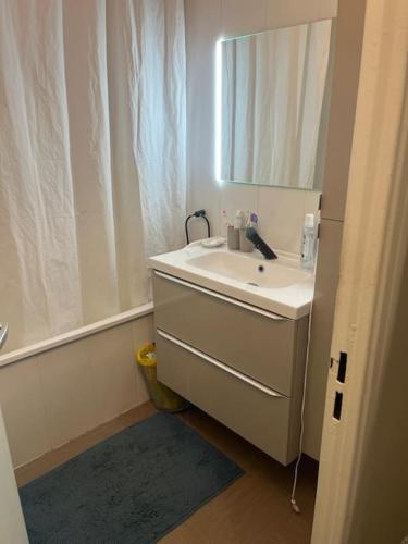 ein Bad mit einem Waschbecken und einem Spiegel in der Unterkunft Appartement proche Disney in Noisiel