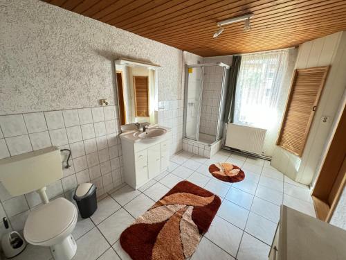 特拉森海德的住宿－Feriendomizil im Dünenwald，浴室配有盥洗盆、卫生间和盥洗盆。