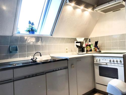 cocina con fregadero y ventana en Ferienwohnung Eulenhof -direkt an der Este, en Jork