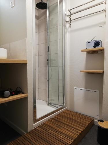 une douche avec une porte vitrée dans une salle de bain dans l'établissement Superbe vue mer Quai 39, au Tréport
