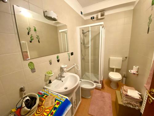 La salle de bains est pourvue d'un lavabo, de toilettes et d'une douche. dans l'établissement Studio Flat close to Terme, à Sirmione