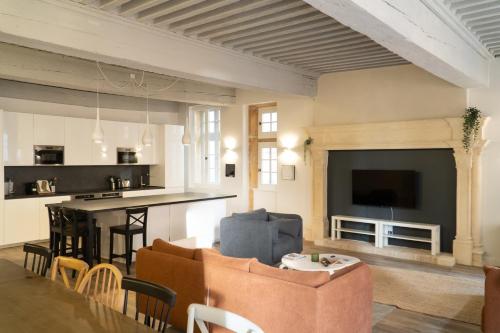 un salon avec un canapé et une télévision dans l'établissement Maison COLODGE - TREVOUX, à Trévoux