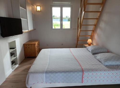 1 dormitorio con 1 cama, TV y escalera en La Quercynoise, en Le Vigan