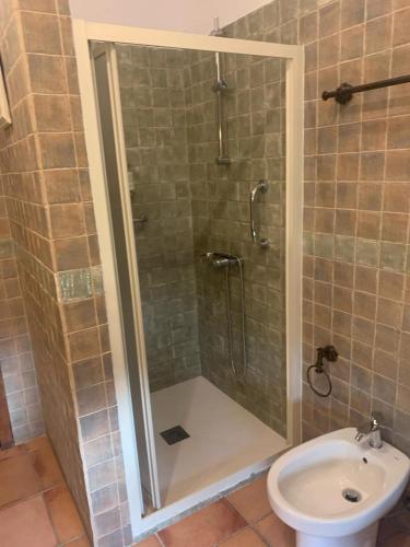 a bathroom with a shower and a toilet and a sink at Quinta dos Cedros l Turismo Rural in Covilhã