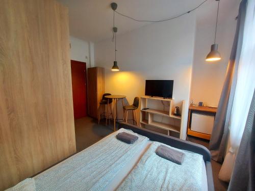 sypialnia z łóżkiem, stołem i telewizorem w obiekcie METRO Pokoje & Apartamenty w mieście Sopot