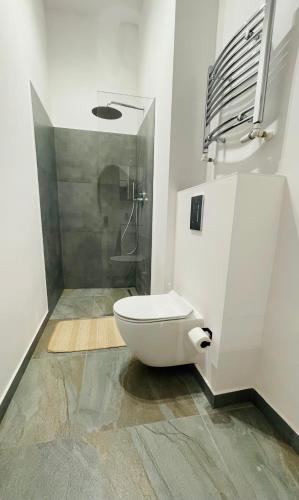 Un baño blanco con inodoro y ducha. en Kato Cosi, en Katowice