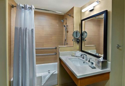 a bathroom with a sink and a mirror and a tub at DoubleTree by Hilton San Pedro in San Pedro