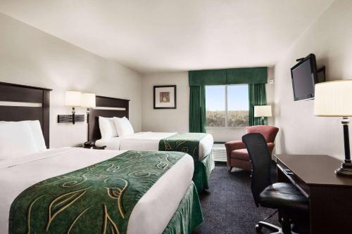 マッカレスターにあるTravelodge by Wyndham McAlesterのベッド2台と窓が備わるホテルルームです。
