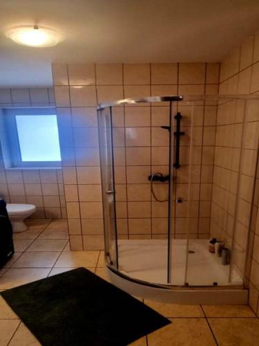 a bathroom with a shower with a glass door at Dom Wakacyjny U BARBASI - 7 DNI W DOBREJ CENIE ! in Chmielno