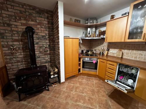 a kitchen with a stove and a brick wall at Cestář in Loučná pod Klínovcem