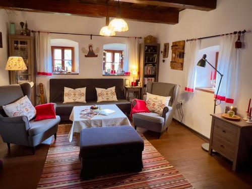 uma sala de estar com um sofá e uma mesa em ALCHYMISTA MINING HOUSE em Spania Dolina