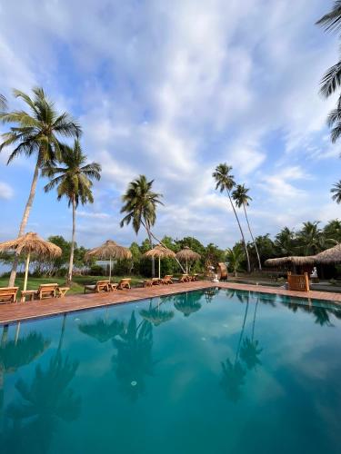 a large swimming pool with palm trees and umbrellas at Simply Peace in Tangalle