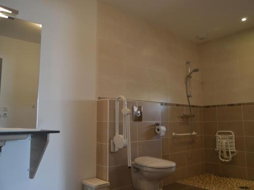 uma casa de banho com um WC e um chuveiro em Gîte Bouesse, 7 pièces, 14 personnes - FR-1-591-9 em Bouesse