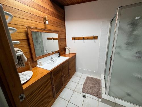 y baño con lavabo y ducha. en Coconut Cottage Bush Retreat- Pet Friendly, en Tin Can Bay