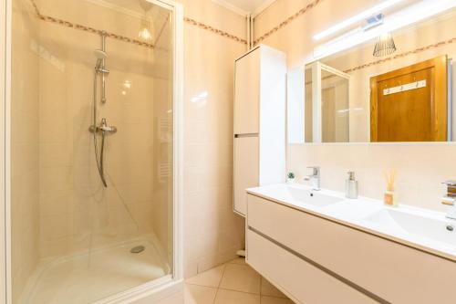 y baño con ducha, lavabo y espejo. en Cœur de ville - Au pied du métro - 3 chambres, en Bobigny