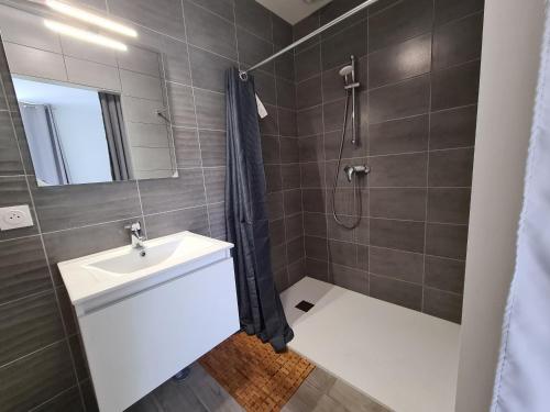 La salle de bains est pourvue d'un lavabo et d'une douche. dans l'établissement Gîte Montierchaume, 6 pièces, 10 personnes - FR-1-591-358, à Montierchaume