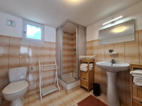 a bathroom with a shower toilet and a sink at Escapade Nature : Maison et Lofts Privés avec Piscine, Étang de Pêche et Grandes Terrasses - FR-1-591-365 in Bélâbre