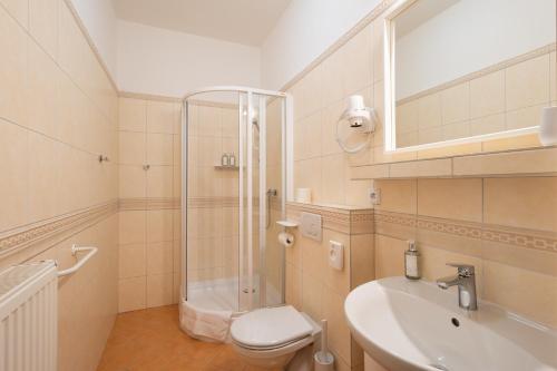 a bathroom with a shower and a toilet and a sink at Hotel Tanzberg Mikulov in Mikulov