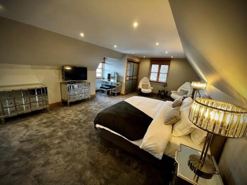 1 dormitorio con 1 cama grande y TV en The Cottage @ The Vu, en Torphichen