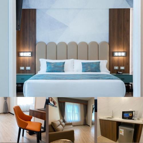 um quarto de hotel com uma cama, uma secretária e uma cadeira em HOTEL HW Santiago Centro em Santiago