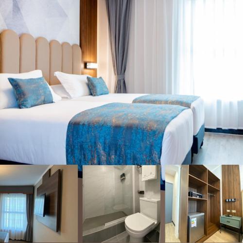 2 fotos de una habitación de hotel con cama y TV en HOTEL HW Santiago Centro, en Santiago