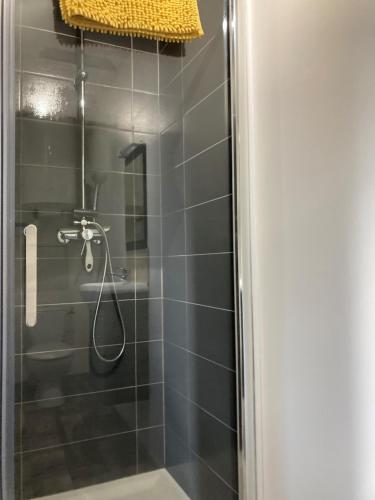 une salle de bain avec une douche avec une porte vitrée dans l'établissement Studio indépendant, à Raismes