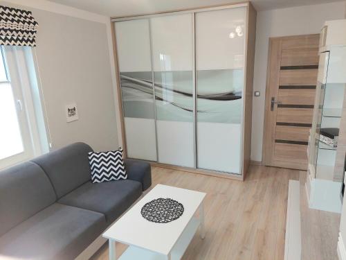 a living room with a couch and a coffee table at Apartament w Centrum in Duszniki Zdrój
