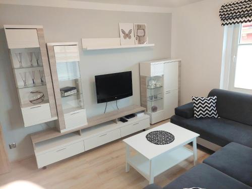 a living room with a couch and a tv at Apartament w Centrum in Duszniki Zdrój