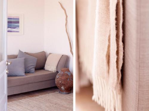 two pictures of a living room with a couch at Little Bird Lesvos in Petra