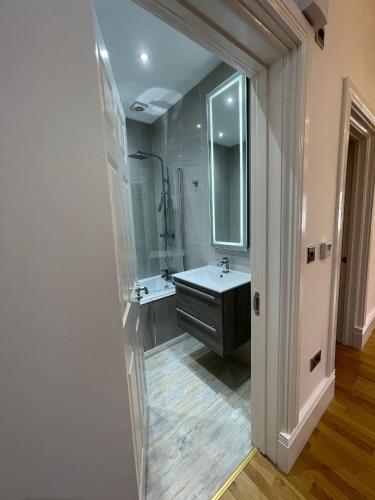 a bathroom with a sink and a mirror at VIP penthouse own bathroom one bedroom on suite in Wolverhampton