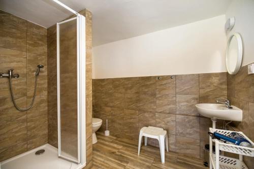 a bathroom with a shower and a sink and a toilet at Rodinné chaty MORAVANPARK - Ubytování v srdci Valašska in Podkopná Lhota
