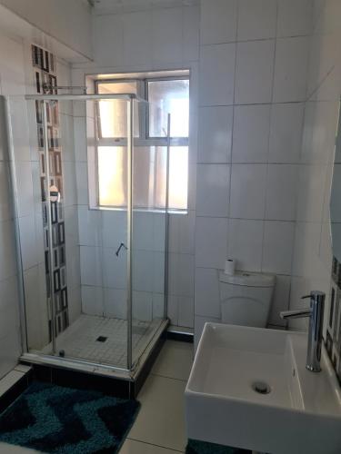 a bathroom with a shower and a sink and a toilet at Beachurst Apartment in Durban