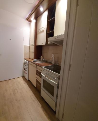 een keuken met witte kasten en een fornuis met oven bij Apartman Elit in Kragujevac