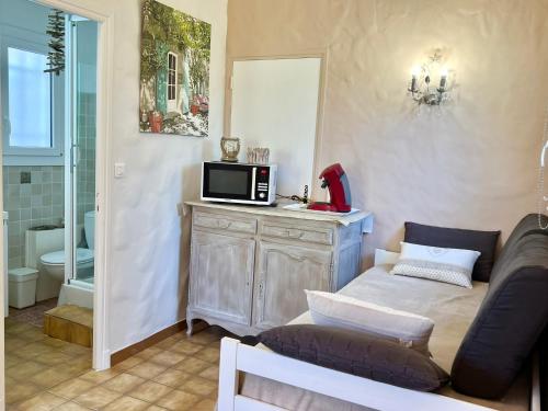 a living room with a couch and a microwave at Bastide du Levant in Sainte-Maxime