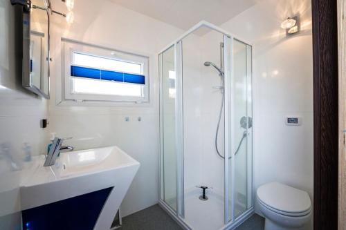 ein Bad mit einer Dusche, einem Waschbecken und einem WC in der Unterkunft Filippa in Eldenburg