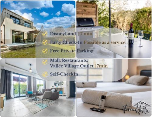 a collage of pictures of a house at Magny's Oasis - DisneyLand 5min - Private Parking - Terrace & Garden in Magny-le-Hongre