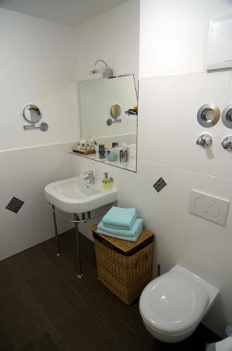 a bathroom with a sink and a toilet and a mirror at Bio Ferienhof Heiler in Feldkirchen-Westerham