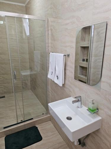 a bathroom with a white sink and a shower at ForS Konak Apartments in Belgrade