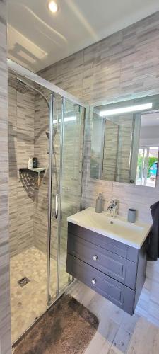 een badkamer met een wastafel en een douche bij Chez Manon et Stéphane in Prissé