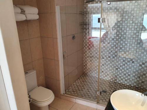 a bathroom with a shower with a toilet and a sink at Nautica in Mossel Bay