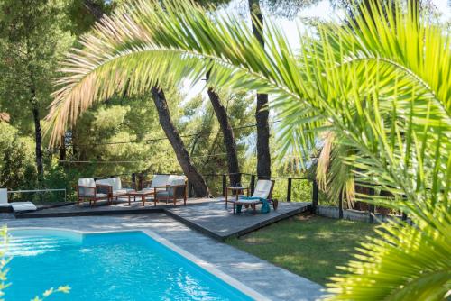 - une piscine avec des chaises, une table et des palmiers dans l'établissement Recon Luxury Living Paliouri, à Paliouri