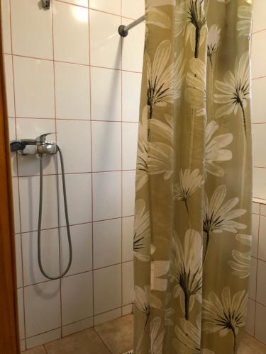 a shower curtain in a bathroom with a shower at Apartment complex in Sumy