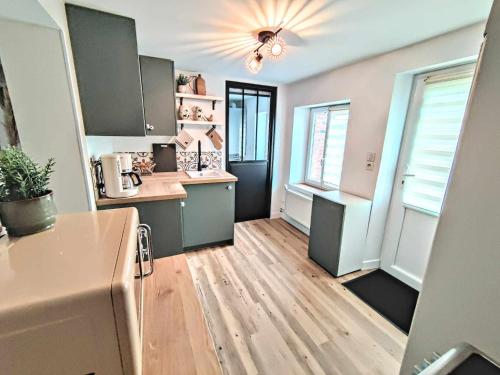 a kitchen with green cabinets and a wooden floor at La petite Flânerie in Mondrepuis