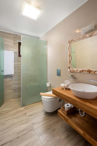 a bathroom with a toilet and a sink and a mirror at Diamond Dream 4 in Kalamaki