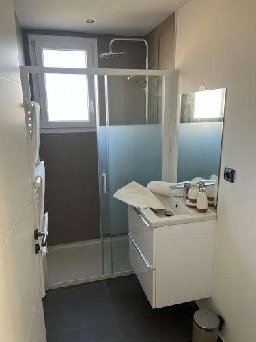 une salle de bain avec une douche, un lavabo et un miroir dans l'établissement MIMOSAS RESIDENCE P3, à Juvignac